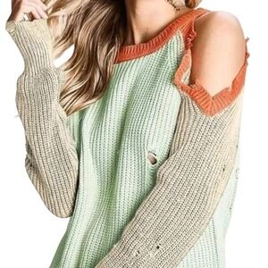 Cold Shoulder Knit Sweater Distressed Ripped Long Sleeve Pullover Size Large EUC